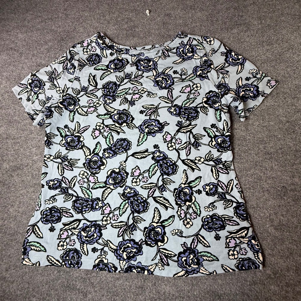 Denim & Co Womens Floral‎ Short Sleeve Crew Neck Cotton Stretch Tee Blue Medium
